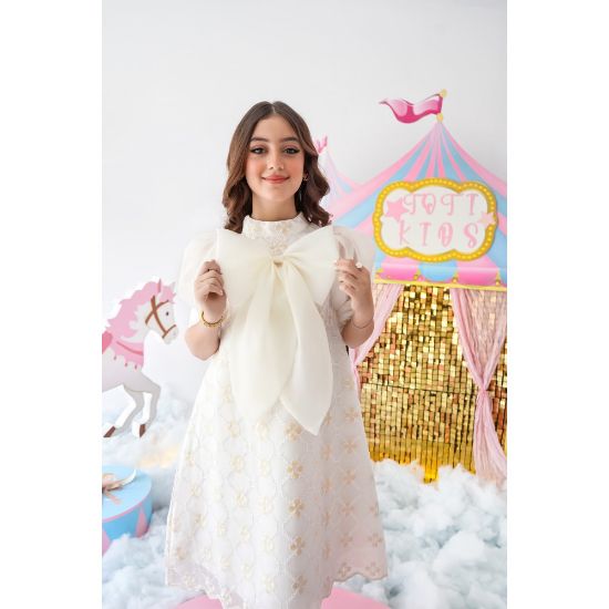 صورة فستان بناتي نقشة مورد بفيونكة | تصميم فاخر للمناسبات - 1015